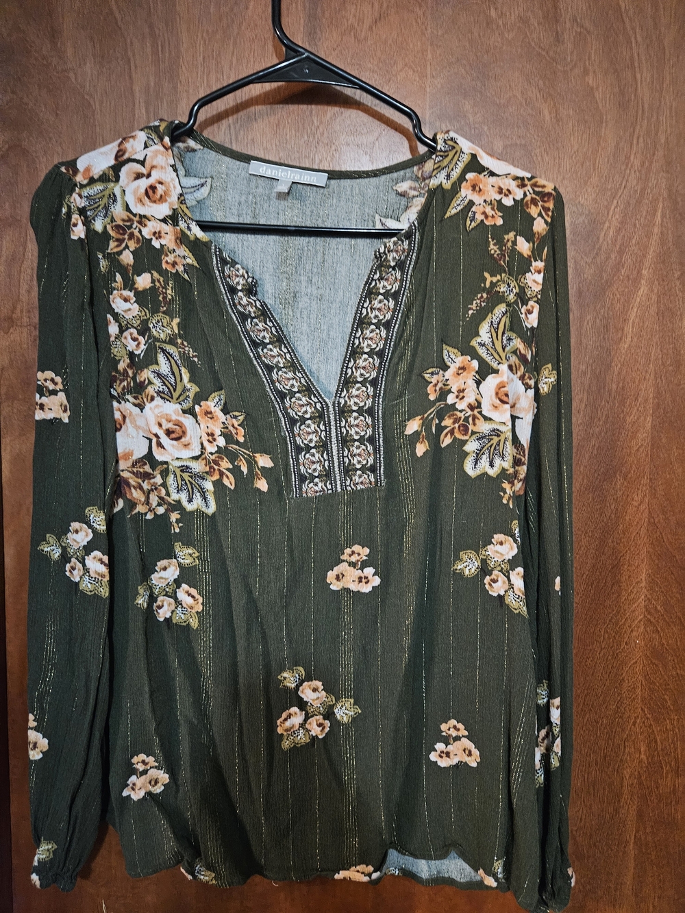 Daniel Rainn Olive Floral V-Neck Long Sleeve Blouse